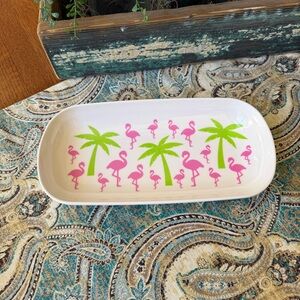 Flamingo Palm Serving Tray White Melamine Platter Tropical Pink Green 12 Inch